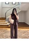 KAHVE TENSEL NEVÜRLÜ BLUZ PANTOLON TAKIM-250483