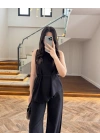 SİYAH ASİMETRİK BLUZ PANTOLON TAKIM-8784