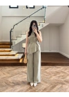 HAKİ ASİMETRİK BLUZ PANTOLON TAKIM-8784