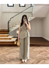HAKİ ASİMETRİK BLUZ PANTOLON TAKIM-8784