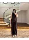 KAHVE ASİMETRİK BLUZ PANTOLON TAKIM-8784