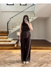 KAHVE ASİMETRİK BLUZ PANTOLON TAKIM-8784