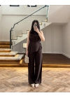 KAHVE ASİMETRİK BLUZ PANTOLON TAKIM-8784