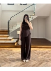 KAHVE ASİMETRİK BLUZ PANTOLON TAKIM-8784