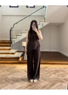 KAHVE ASİMETRİK BLUZ PANTOLON TAKIM-8784