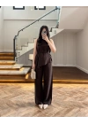 KAHVE ASİMETRİK BLUZ PANTOLON TAKIM-8784