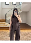KAHVE ASİMETRİK BLUZ PANTOLON TAKIM-8784