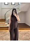 KAHVE ASİMETRİK BLUZ PANTOLON TAKIM-8784