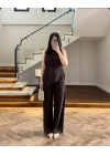 KAHVE ASİMETRİK BLUZ PANTOLON TAKIM-8784