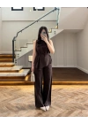 KAHVE ASİMETRİK BLUZ PANTOLON TAKIM-8784