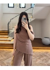 KAHVE ASİMETRİK TEK OMUZ BLUZ TAKIM-267330