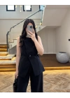 SİYAH SIFIR YAKA BAĞCIKLI YELEK PANTOLON TAKIM-267326