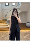 SİYAH SIFIR YAKA BAĞCIKLI YELEK PANTOLON TAKIM-267326