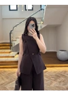 KAHVE SIFIR YAKA BAĞCIKLI YELEK PANTOLON TAKIM-267326