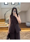 KAHVE SIFIR YAKA BAĞCIKLI YELEK PANTOLON TAKIM-267326
