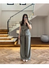 HAKİ BELİ KUŞAKLI YELEK PANTOLON TAKIM-580769