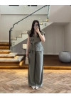 HAKİ BELİ KUŞAKLI YELEK PANTOLON TAKIM-580769