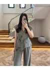 HAKİ BELİ KUŞAKLI YELEK PANTOLON TAKIM-580769