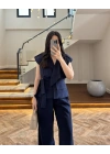 LACİVERT BELİ KUŞAKLI YELEK PANTOLON TAKIM-580769