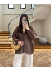 KAHVE ÇİZGİLİ DÜŞÜK OMUZ GÖMLEK-5449