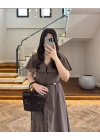 KAHVE VOLAN DETAY ELBİSE-2370