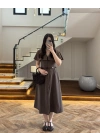KAHVE VOLAN DETAY ELBİSE-2370