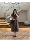 KAHVE VOLAN DETAY ELBİSE-2370