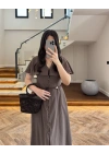 KAHVE VOLAN DETAY ELBİSE-2370