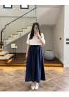 BELİ LASTİKLİ KETEN ETEK LACİVERT-1254