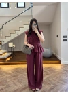 BORDO TENSEL NEVÜRLÜ BLUZ PANTOLON TAKIM-250483