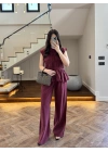 BORDO TENSEL NEVÜRLÜ BLUZ PANTOLON TAKIM-250483