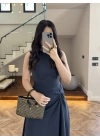 LACİVERT DÜĞÜM DETAY KOLSUZ ELBİSE -2386