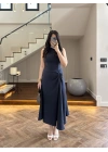 LACİVERT DÜĞÜM DETAY KOLSUZ ELBİSE -2386