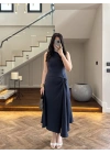 LACİVERT DÜĞÜM DETAY KOLSUZ ELBİSE -2386
