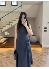 LACİVERT DÜĞÜM DETAY KOLSUZ ELBİSE -2386