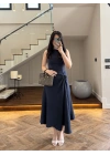 LACİVERT DÜĞÜM DETAY KOLSUZ ELBİSE -2386