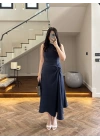 LACİVERT DÜĞÜM DETAY KOLSUZ ELBİSE -2386