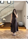 KAHVE DÜĞÜM DETAY KOLSUZ ELBİSE -2386