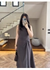 KAHVE DÜĞÜM DETAY KOLSUZ ELBİSE -2386