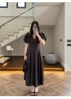 KAHVE BALON KOL ELBİSE-2384