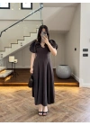 KAHVE BALON KOL ELBİSE-2384