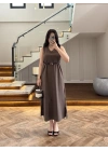 KAHVE V YAKA KEMERLİ ELBİSE-2382
