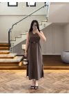 KAHVE V YAKA KEMERLİ ELBİSE-2382