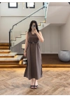 KAHVE V YAKA KEMERLİ ELBİSE-2382