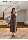KAHVE V YAKA KEMERLİ ELBİSE-2382