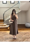 KAHVE V YAKA KEMERLİ ELBİSE-2382