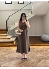 KAHVE V YAKA KEMERLİ ELBİSE-2382
