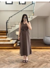 KAHVE V YAKA KEMERLİ ELBİSE-2382