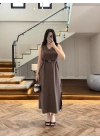 KAHVE V YAKA KEMERLİ ELBİSE-2382