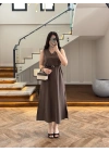 KAHVE V YAKA KEMERLİ ELBİSE-2382